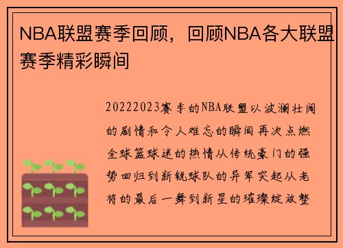 NBA联盟赛季回顾，回顾NBA各大联盟赛季精彩瞬间