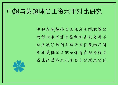 中超与英超球员工资水平对比研究